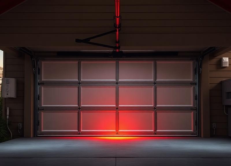 Close-up of garage door safety sensor with LED indicator showing proper alignment